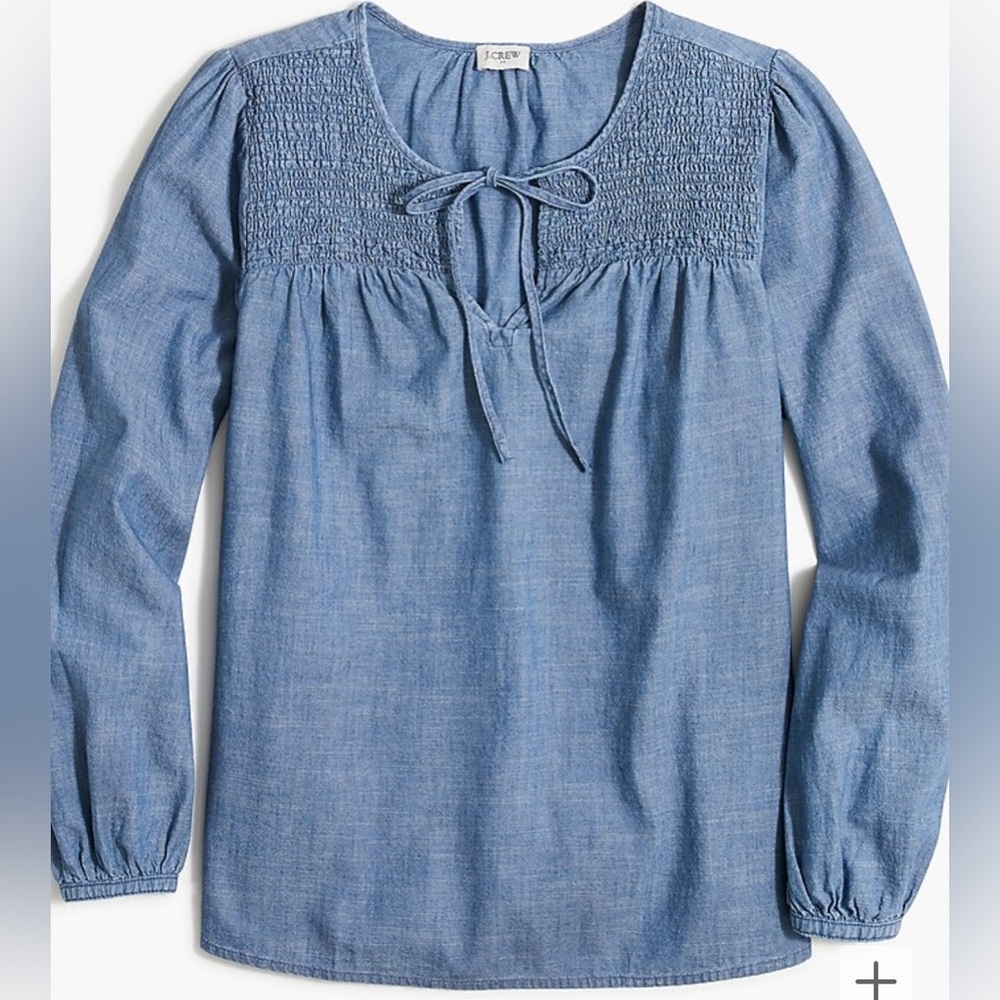 J Crew Factory Denim tie-neck smocked top. NWT